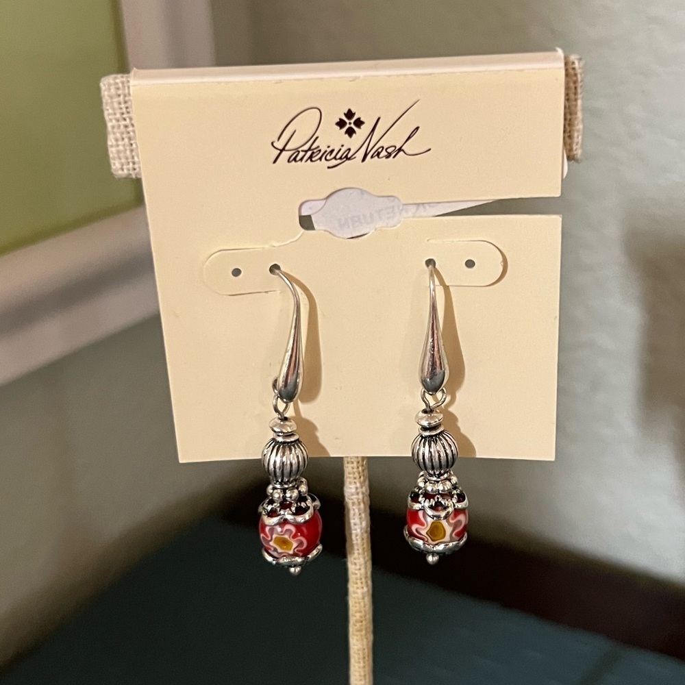 Patricia Nash Silver and Red Floral Bead Wire Drop Earrings #PNER